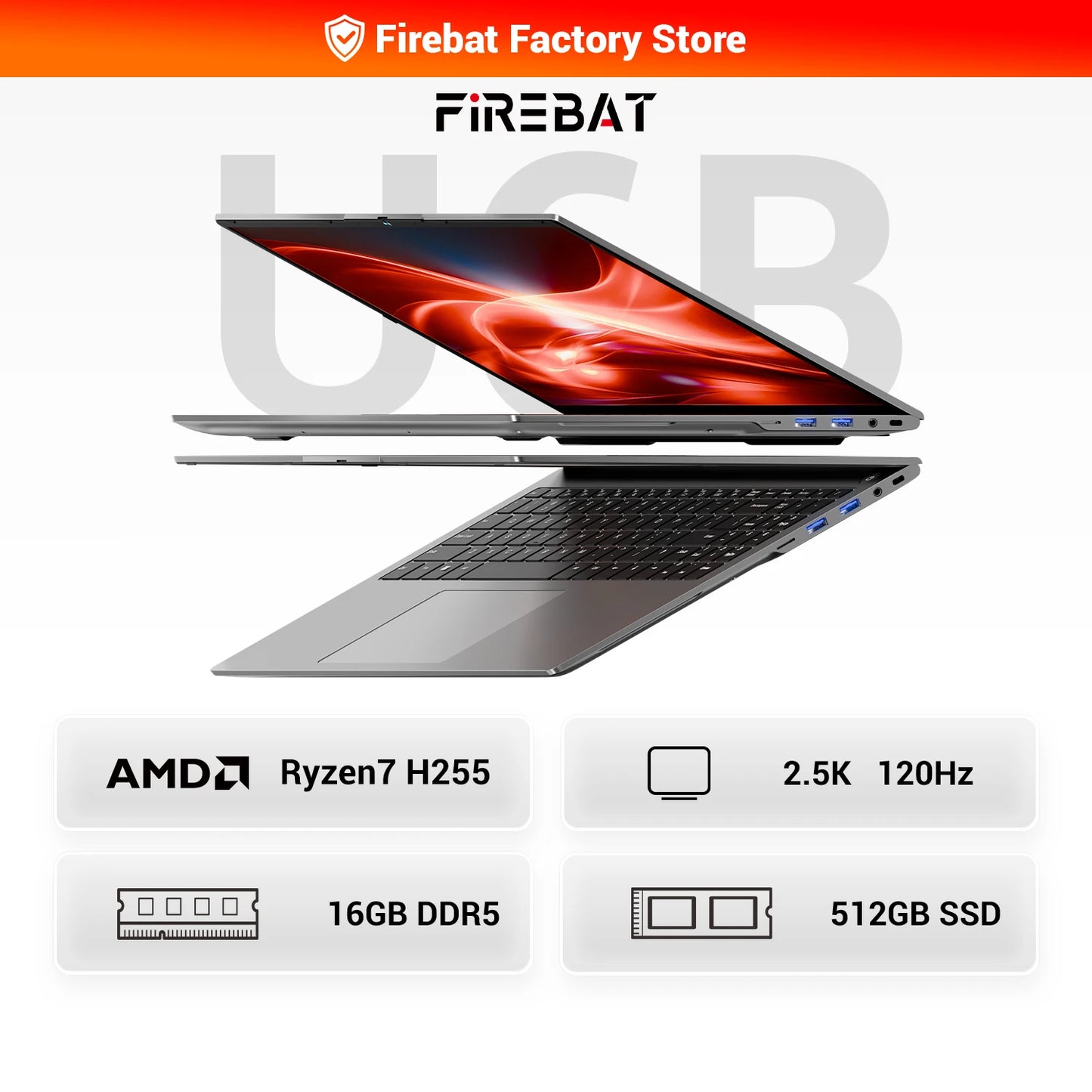 FIREBAT U6B 16 Inch Laptop Ryzen7 8745HS/ H255/R5 6600H CPU DDR5 16GB RAM 512GB ROM 2.5K Wifi6 BT5.2 Gamer Bussiness Notebook
