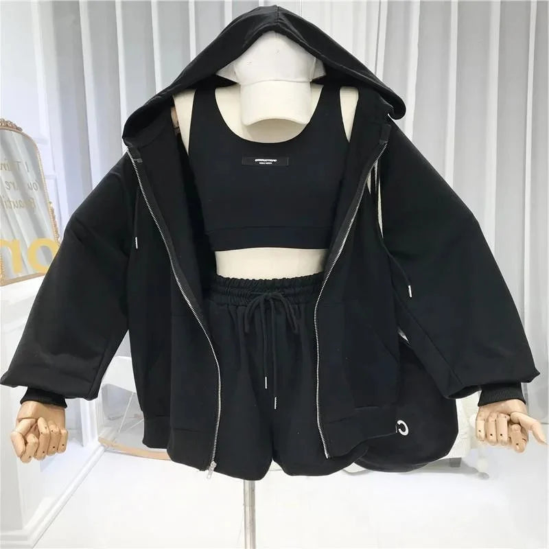 Women's Fashionable Casual Sports Windsuit Spring Autumn Collection Age-Reducing Gym Running Sweatshirt Shorts Three-Piece Set