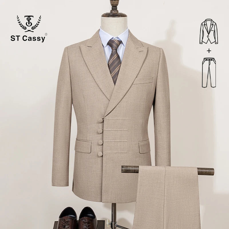 ST Cassy Elegant Men Suit for Wedding Slim Fit Double Breasted Multiple Buttons Casual Business Man 2 Piece Set Party Outfit