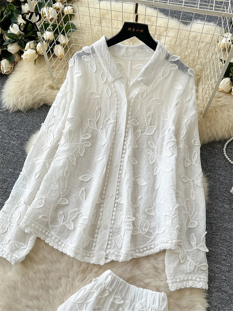 SINGREINY Senior Embroidery Leaves Sets Long Sleeves Single Breasted Top+Wide Legs Casual Pants 2025 Korean Women Solid Suits