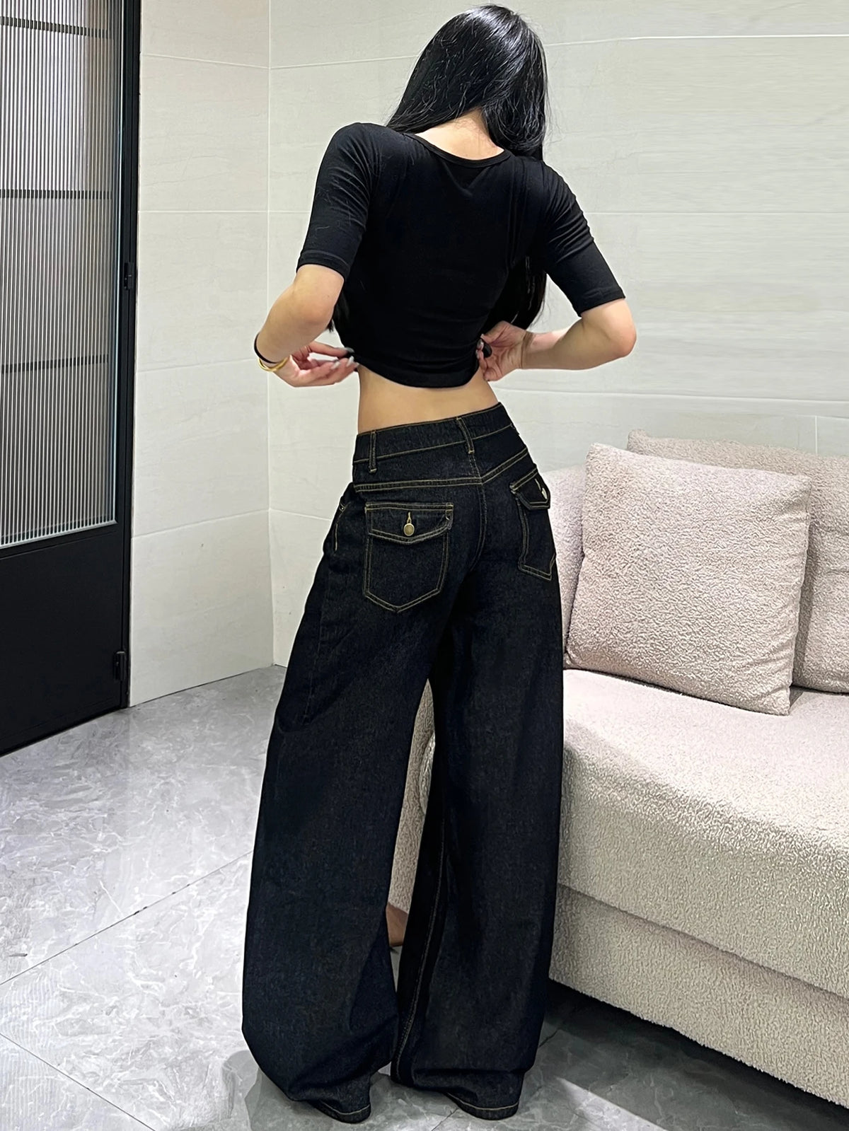 Women's Classic Black Loose American-Style Jeans, Trendy And Versatile Casual Wide-Leg Pants