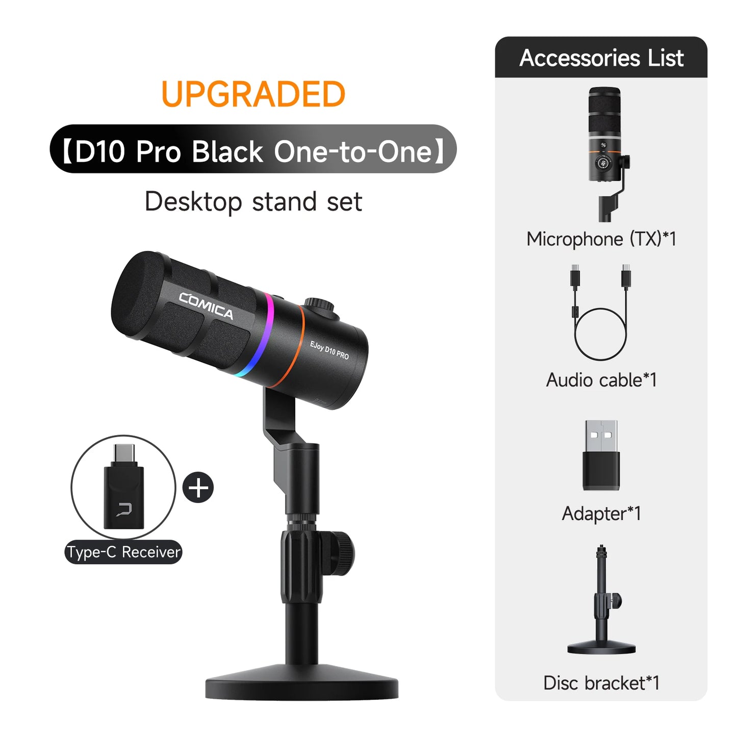 COMICA D10/D10 PRO RGB Cardioid USB/XLR Dynamic Desktop Gaming Mic Wired/Wireless Microphone for Streaming Interview Podcast