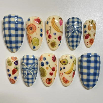 3D Lemon Blue White Striped French Nail Art Summer Chic Short Round False Nails Detachable Finished Fake Nails Press on Nails