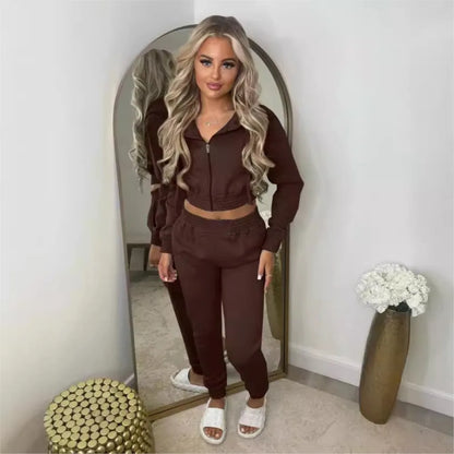 Fleece Hooded Sweatshirt Short Hooded Women's Suit Autumn Winter New Casual Zipper Hoodie Sports Jogging Pants Female 2piece Set
