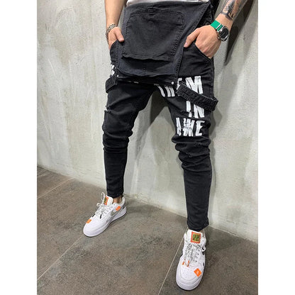 Men Suspenders Denim Jumpsuit Letters Denim Trousers Fashion Overalls Men's Ripped Denim Printed Jeans Men Streetwear