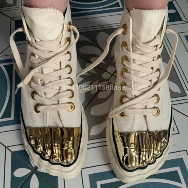 Golden Toe Board Shoes for Both Men and Women, High-end Street Dance Performance Shoes, Adult Lace Up Flat Canvas Shoes