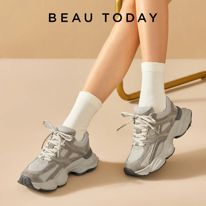 BEAUTODAY Chunky Sneakers Women Mesh Mixed Round Toe Lace-up Thick Sole New Breathable Ladies Sports Shoes Handmade HW29A14