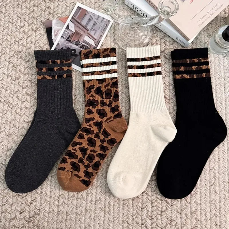 4 Pairs Women Leopard Socks Cotton Sports Y2k Student White Lolita Harajuku Girl Funny Socks