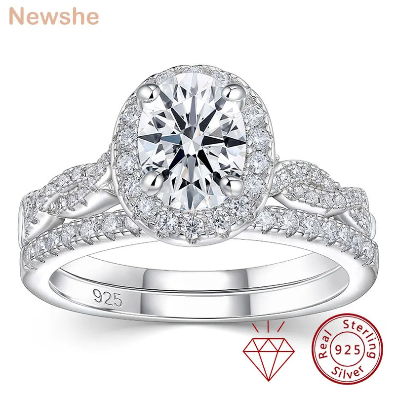 Newshe Women's D VVS1 Full Moissanite Engagement Ring Set 925 Sterling Silver Halo Oval Cut Bridal Wedding Rings Fine Jewelry