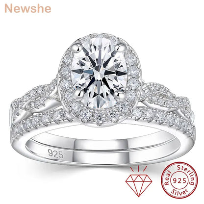 Newshe Women's D VVS1 Full Moissanite Engagement Ring Set 925 Sterling Silver Halo Oval Cut Bridal Wedding Rings Fine Jewelry