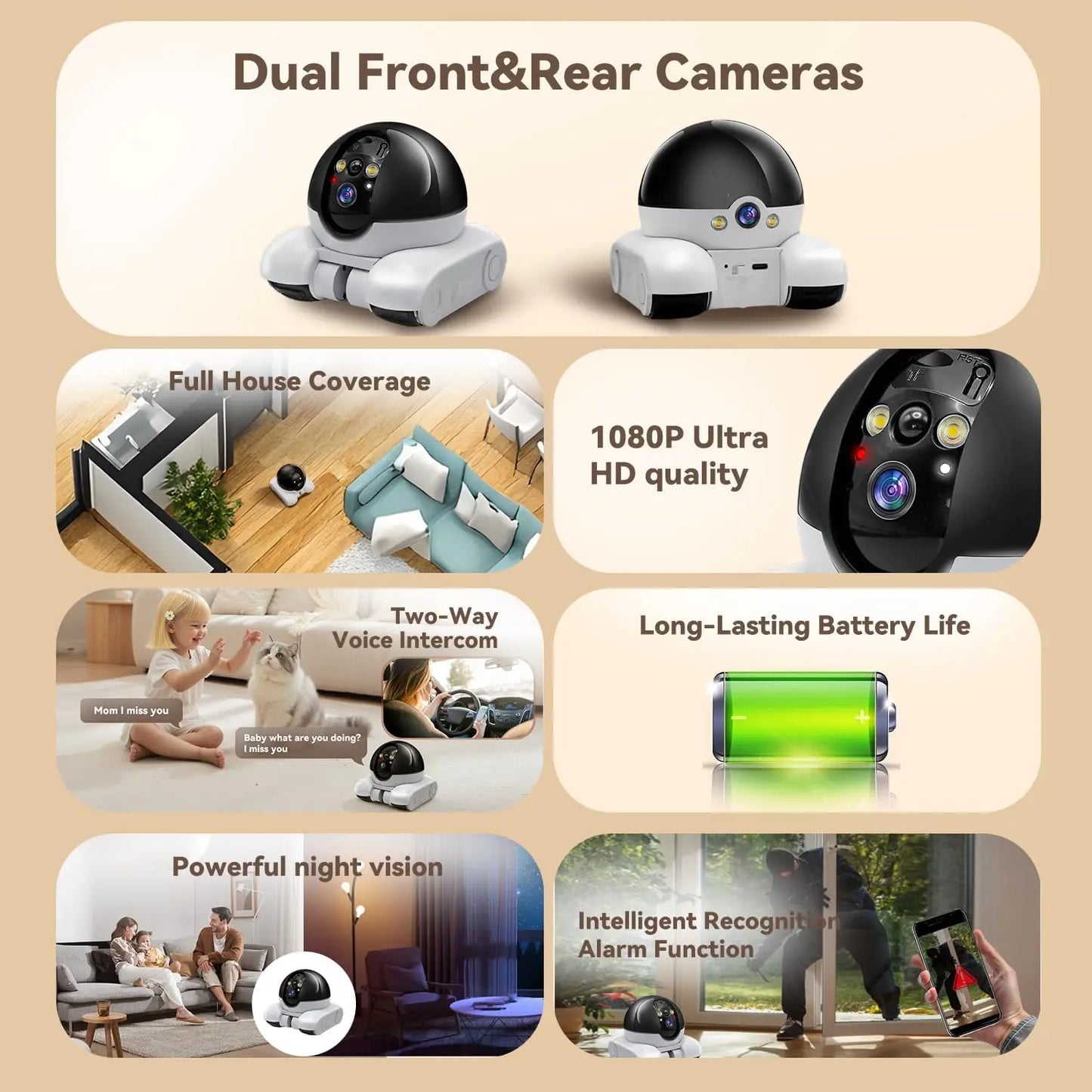 Indoor Security Camera 1080P Dual Lens, Mobile Robot with Wheels, Two-Way Audio, Remote-Controlled Bot with Night Vision, App-Controlled for Home Safety, Pets, Baby, Elderly