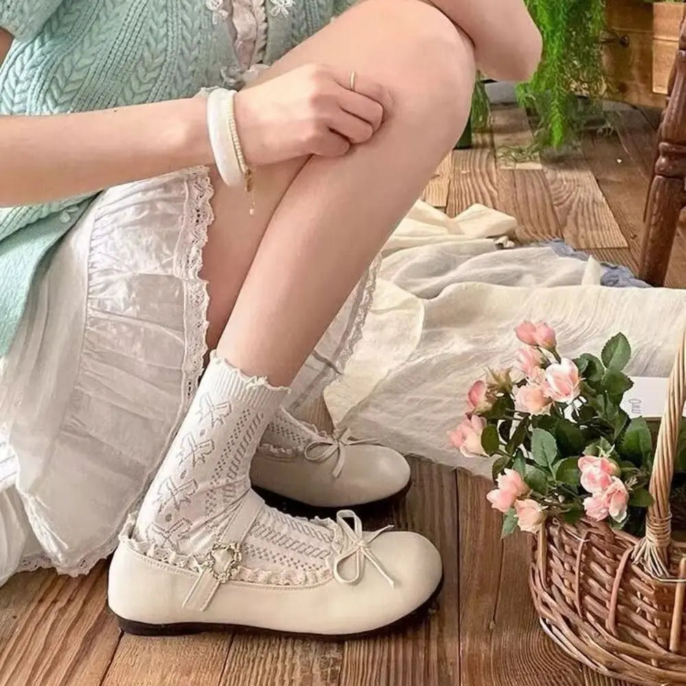 Lolita PU Leather JK Flat Shoes Bow Sweet Slip On Loafers Soft Sole Lace Ruffled Mary Jane Shoes Women