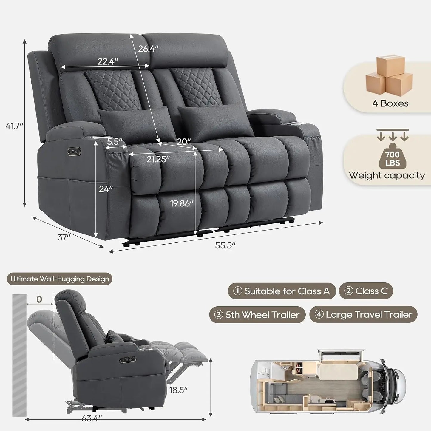 Wall Hugger Power Reclining Loveseat with Manual Adjustable Headrests, Electric Recliner Sofa with USB/Type-C Ports,, Custom