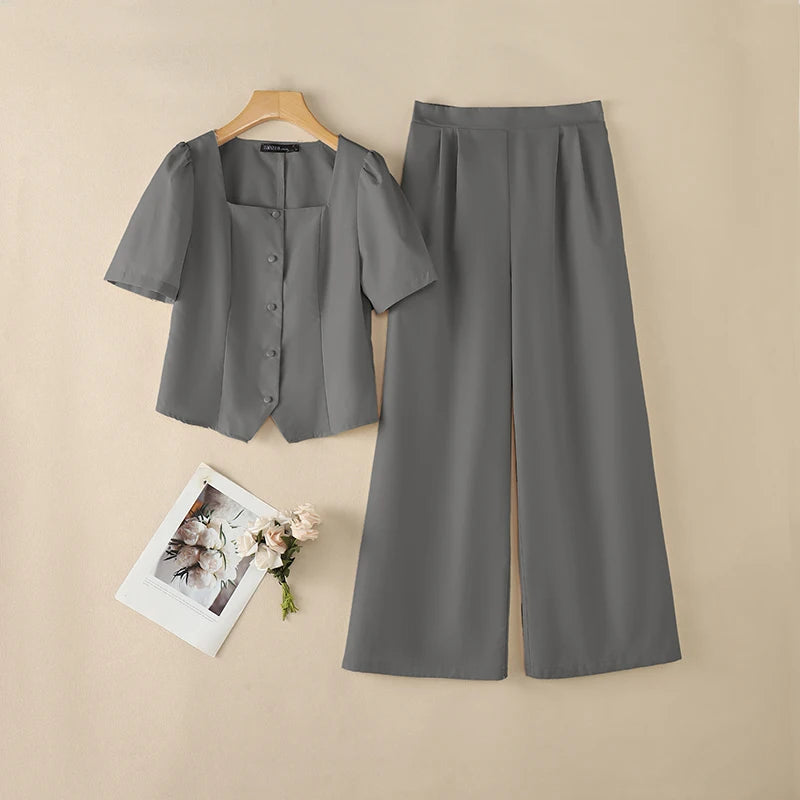 2PCS Women OL Work Outfits ZANZEA Summer Square Neck Short Sleeve Blouse Wide Leg Pant Sets Solid Color 2 Pieces Sets Tracksuit