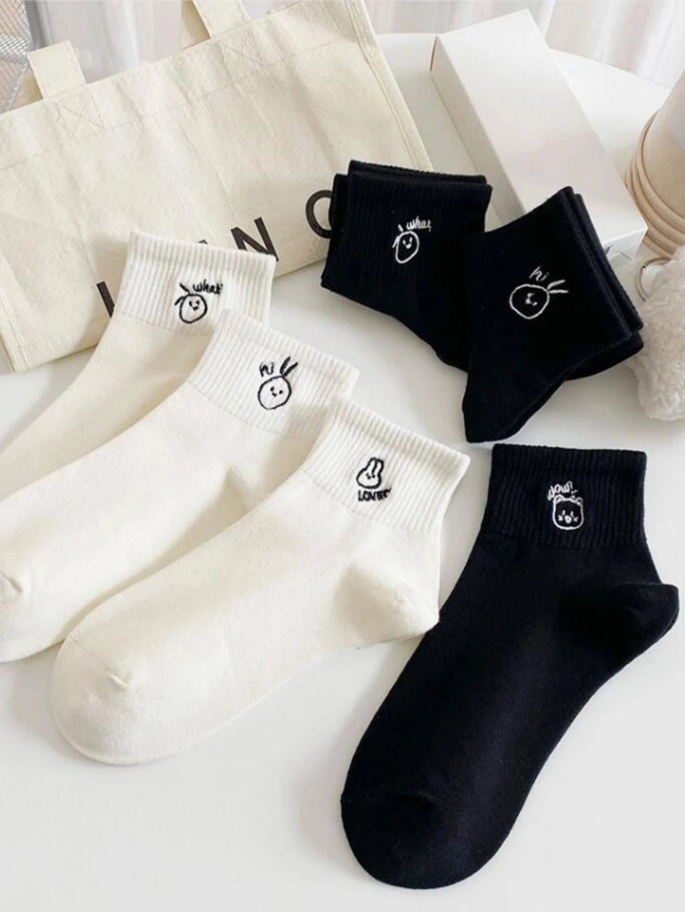 Women's Cute Cartoon Embroidery Ankle Socks Summer Thin Breathable Black White Socks Korean Style Kawaii Crew Socks Streetwear