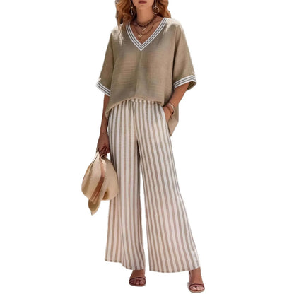 Two Pieces Women Pant Sets Striped Matching Set Short Sleeves V Neck Top Elastic Waist Wide Leg Pants Loose Casual 2026 Summer