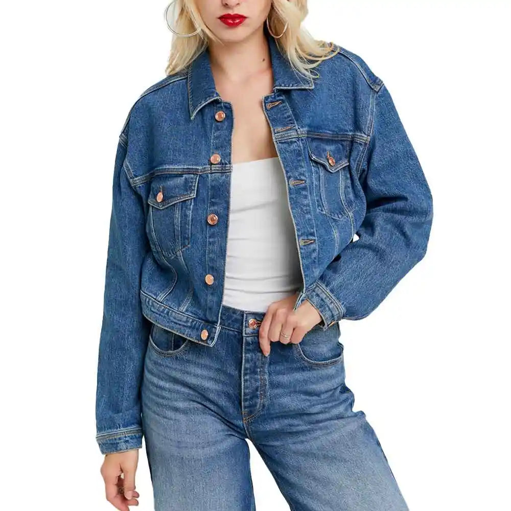 Women Casual Denim Jacket Light Wash Button Detail Spring Autumn Versatile Streetwear Outerwear