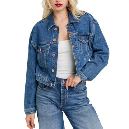 Women Casual Denim Jacket Light Wash Button Detail Spring Autumn Versatile Streetwear Outerwear