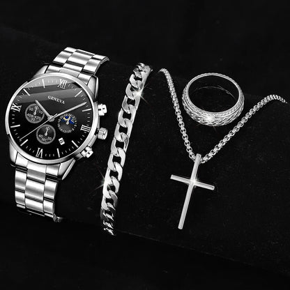 Men's 4-Piece Watch Gift Set | Quartz Watch, Cross Pendant, Ring & Bracelet | Gift for Him