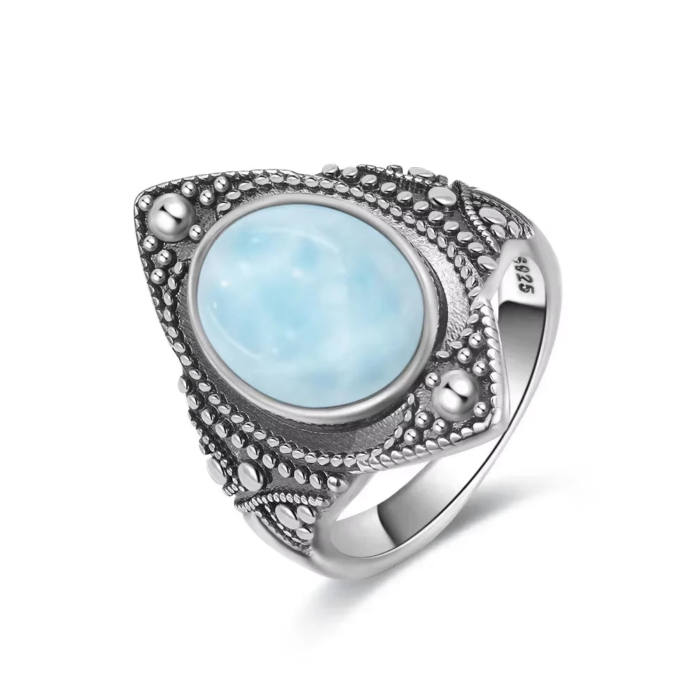 Original Certified 925 Silver Rings Larimar Natural Blue Stone 8*10MM oval shape twist Rings Fine Jewelry Gifts for Women Men