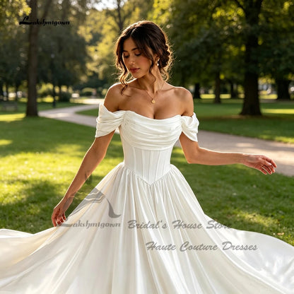 Lakshmigown Minimalist Satin Corset Wedding Dresses 2027 Sexy Women A Line White Bridal Dresses Off Shoulder Customized
