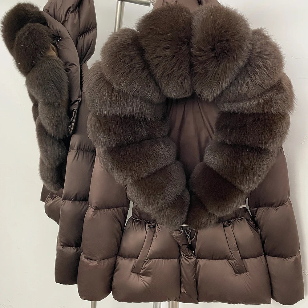 OFTBUY New Fashion Winter Clothes Women Duck Down Coat with Big Natural Fur Collar Belt Hooded Real Fox Fur Puffer Jacket Female