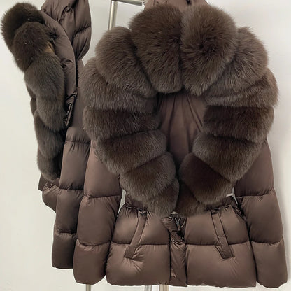 OFTBUY New Fashion Winter Clothes Women Duck Down Coat with Big Natural Fur Collar Belt Hooded Real Fox Fur Puffer Jacket Female