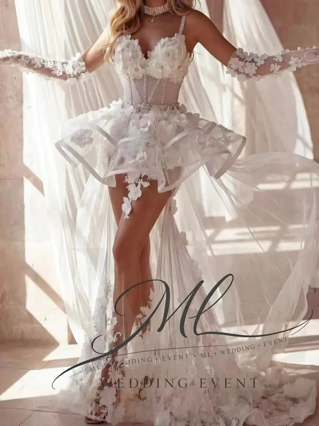 for ML Charming 3D Floral Wedding Dress Sweetheart Illusion Detachable Train Mini Ball Gown Bride Dresses Customized Robe De