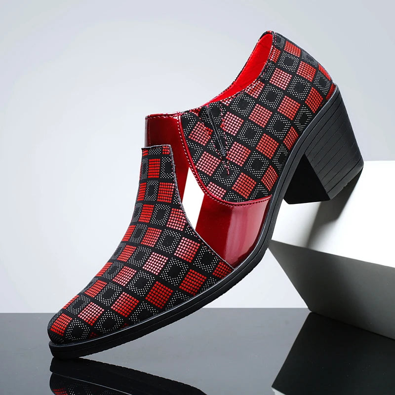 Red PU Leather Business Suit High Heels Men's Shoes Pointed Toe Slip-on Elegant Party Wedding Shoes Thick Sole Boots for Man