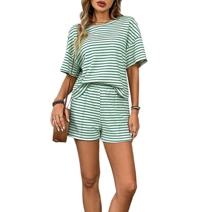 Summer Women's Suit Shorts Cotton Crop Top Short Pants High Waist Pleated Front Green White Striped Casual Shorts