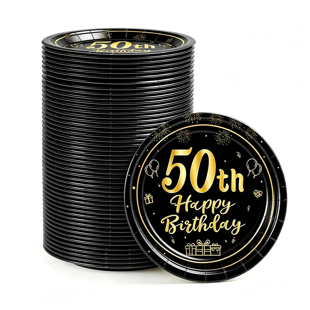 8-40pcs Men Women Adult 18th 30th 40th 50th 60th Birthday Party Decoration Supplies Black Gold Disposable 7/9inch Paper Plates