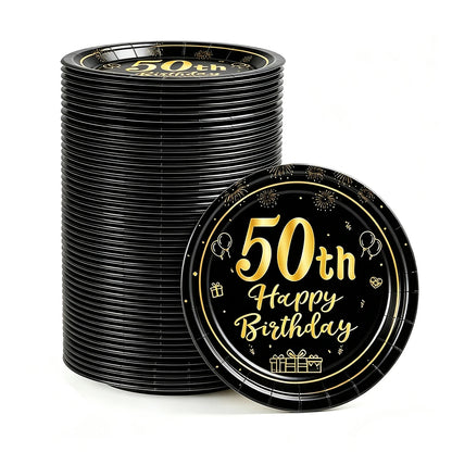 8-40pcs Men Women Adult 18th 30th 40th 50th 60th Birthday Party Decoration Supplies Black Gold Disposable 7/9inch Paper Plates
