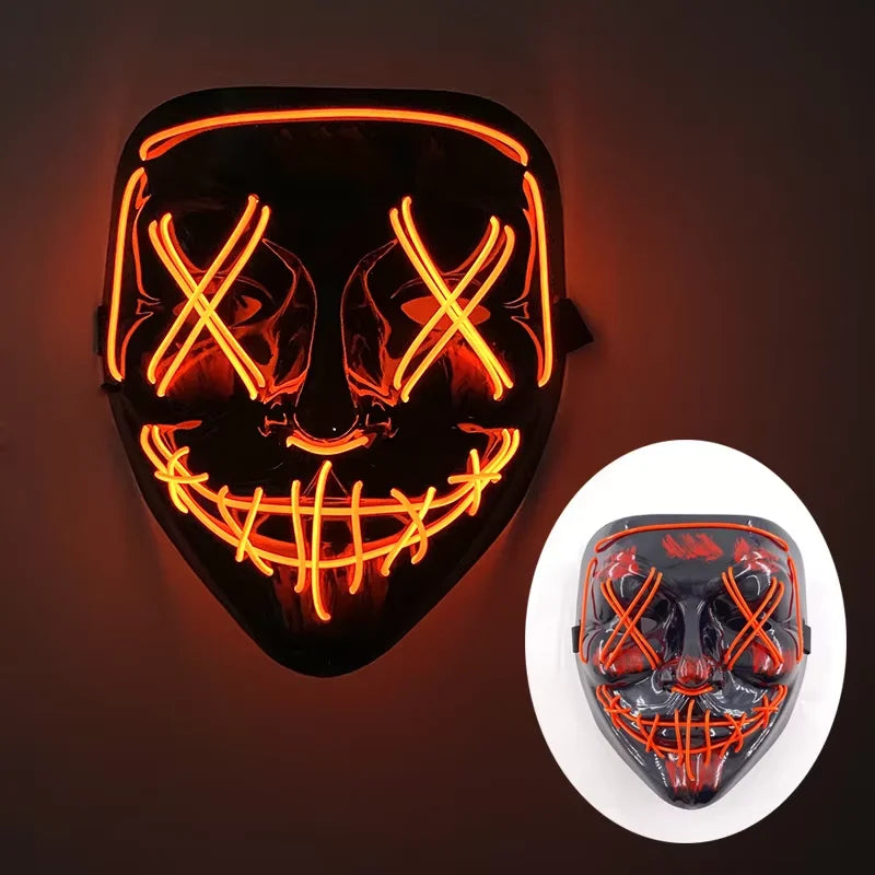 Wireless LED Neon Purge Mask & Fiber Optic Gloves, Scary Glow In Dark Mask for Halloween Carnival Cosplay Bar Birthday Party