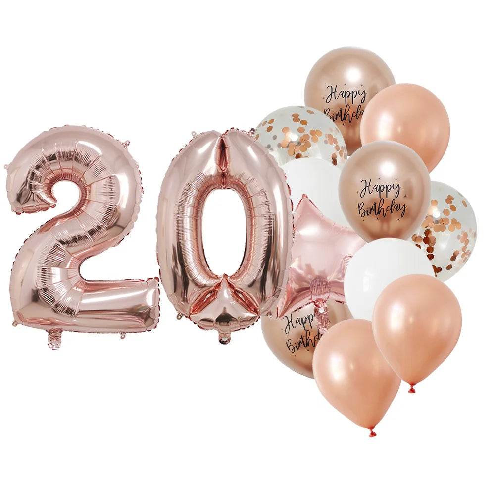 13 Pcs Rose Gold Mixed Balloons 32 Inch Foil Number Ball 10 11 12 13 14 15 Years Old Girls Birthday Party Decorations Supplies