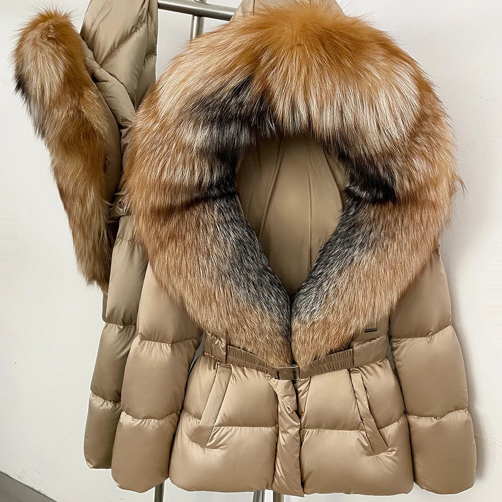 OFTBUY New Fashion Winter Clothes Women Duck Down Coat with Big Natural Fur Collar Belt Hooded Real Fox Fur Puffer Jacket Female