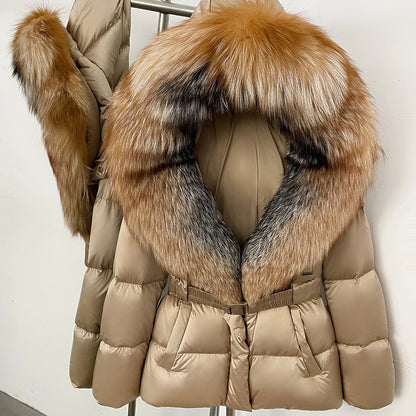 OFTBUY New Fashion Winter Clothes Women Duck Down Coat with Big Natural Fur Collar Belt Hooded Real Fox Fur Puffer Jacket Female