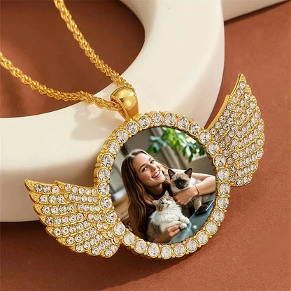 Custom Angel Wing Round Photo Necklace -Personalized Unforgettable memories Picture Pendant Jewelry Perfect for Anniversary Gift