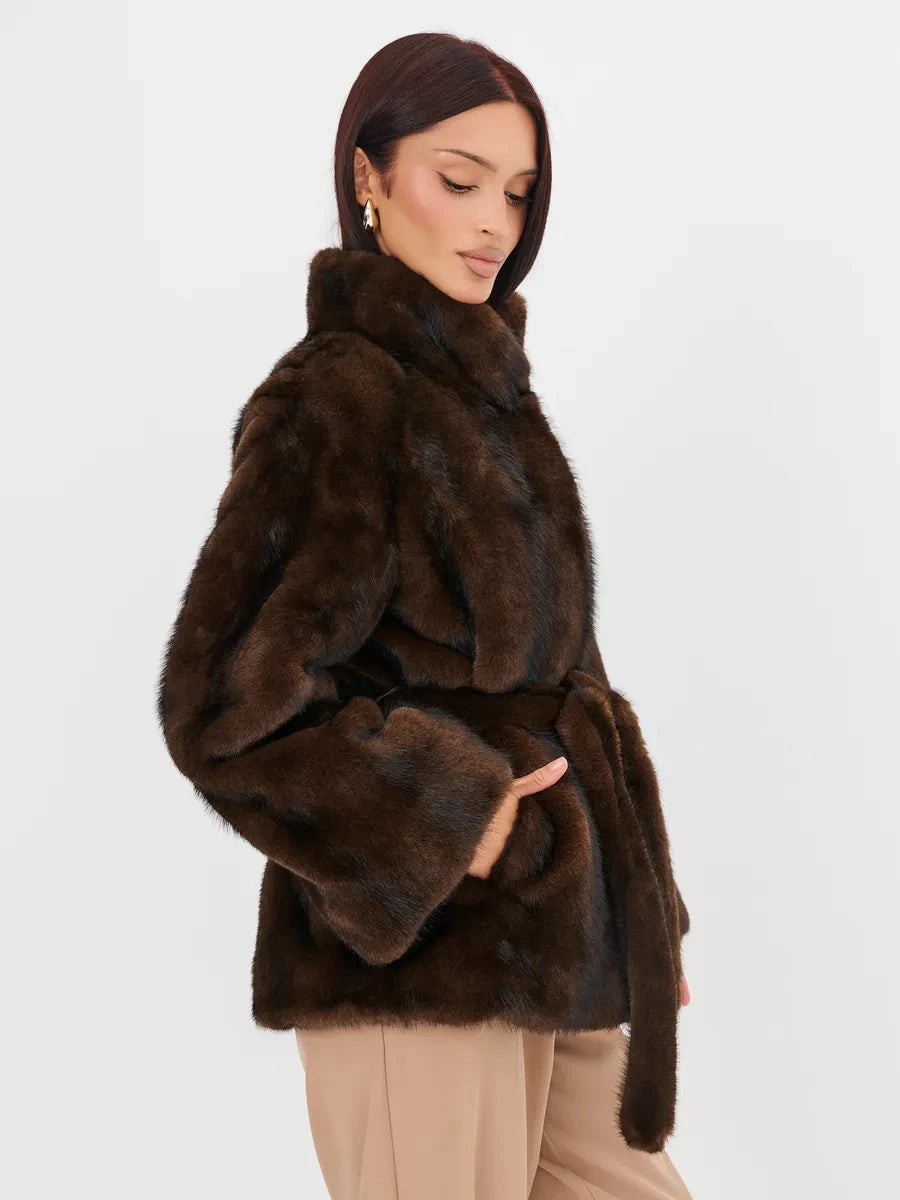 2026 Autumn Winter Women Faux Mink Fur Coat Lapel Collar Belted Long Jacket Luxury Fluffy Outerwear Brown