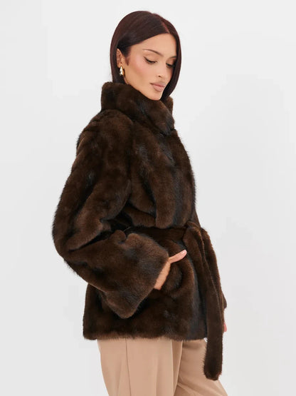 2026 Autumn Winter Women Faux Mink Fur Coat Lapel Collar Belted Long Jacket Luxury Fluffy Outerwear Brown