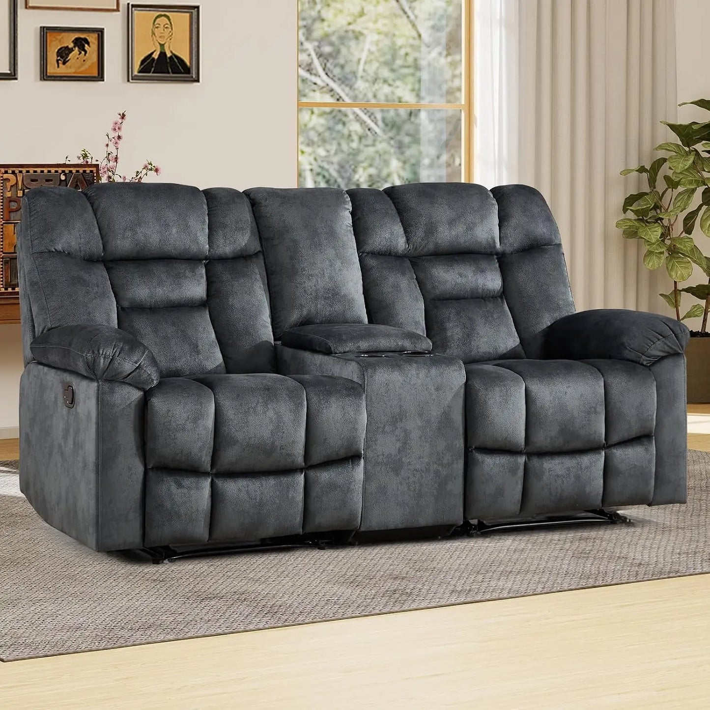 Fabric Recliner Manual Loveseat Couch for Living Room, 2 Seater Reclining Sofa Chair with Storage and Cup Holders,, Custom
