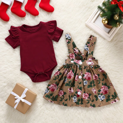 3PCS Newborn Baby Girl Christmas Clothes Set Short Sleeve Romper+Suspender Skirt+Headband Clothing Set for Toddler 0-18 Months
