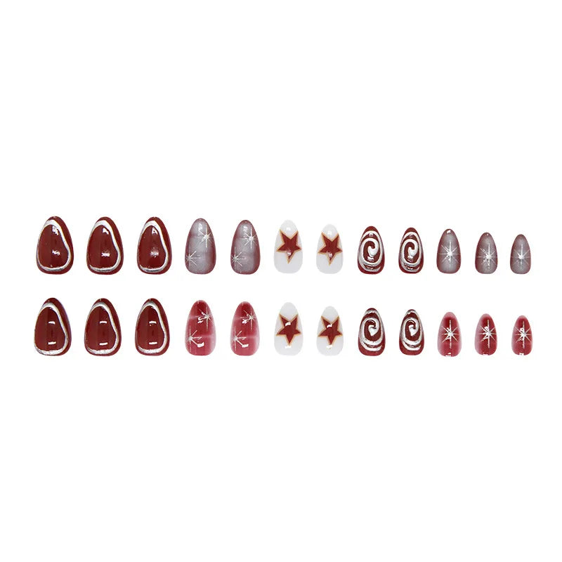 24pcs Red Star Print Fake Nails Sweet Cool Short Almond Press on Nail for Women Wearable Detachable Ins Spice Girl False Nails