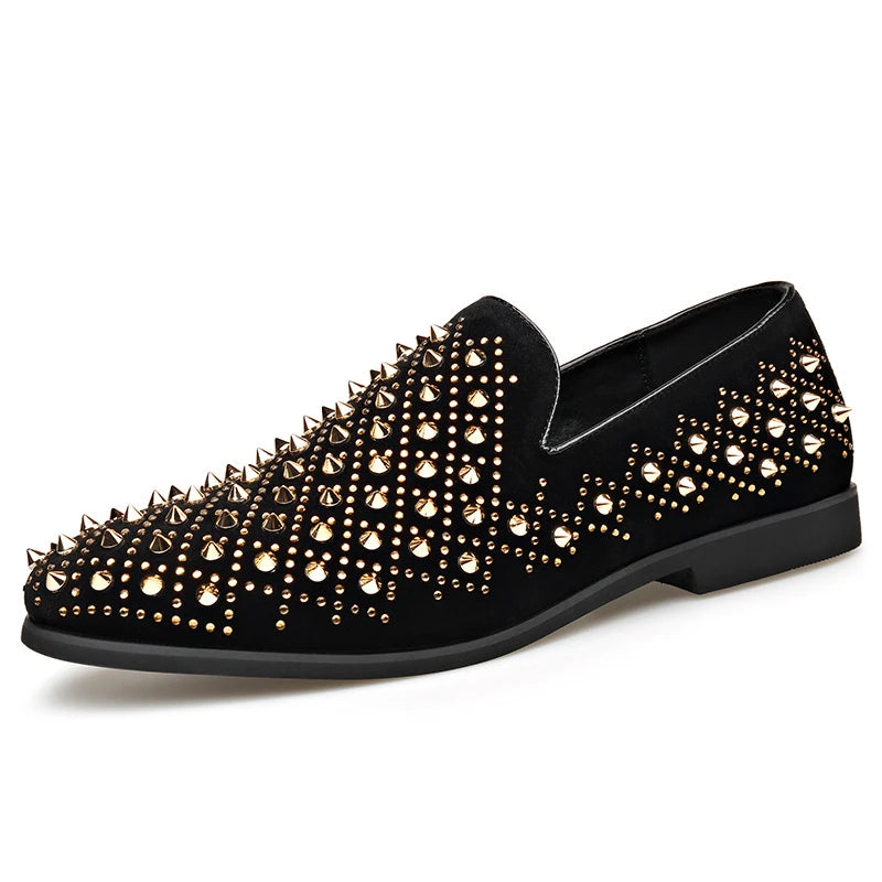 large size mens fashion stage nightclub cow suede leather rivets shoes slip-on studded shoe breathable loafers designer footwear
