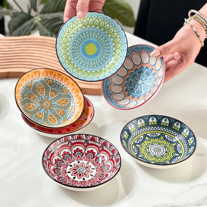 6-Piece Bohemian Ceramic Plates 5.7 Inch - Creative for Breakfast/Salad/Pasta/Dessert/Appetizer, Microwave/Oven/Dishwasher Safe
