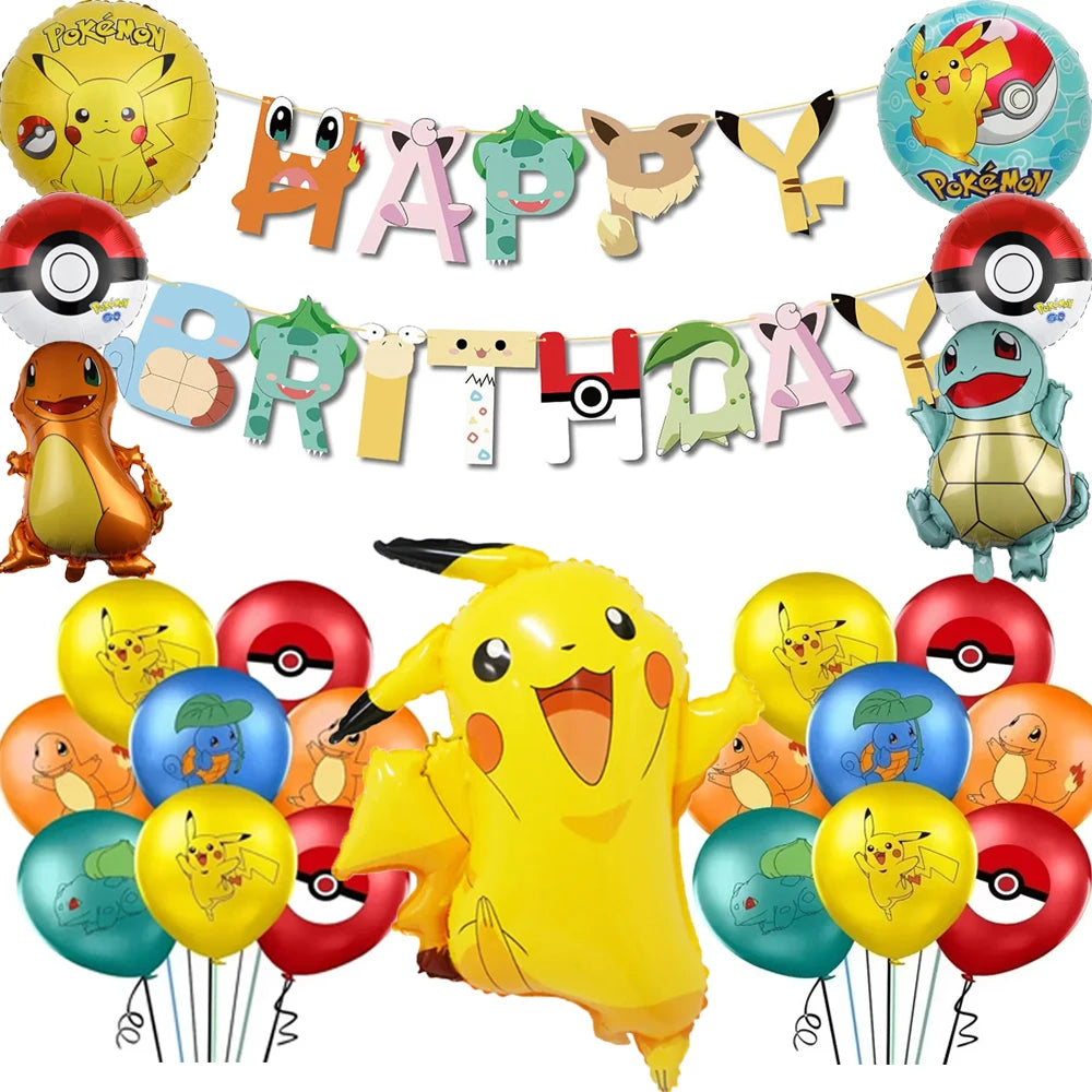 1set Cartoon Pokemon Pikachu Theme Foil Balloons Set Red Black Latex Balloon Kids Birthday Baby Shower Party Decora Supplies