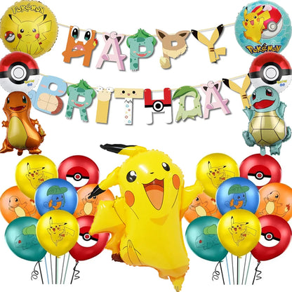 1set Cartoon Pokemon Pikachu Theme Foil Balloons Set Red Black Latex Balloon Kids Birthday Baby Shower Party Decora Supplies