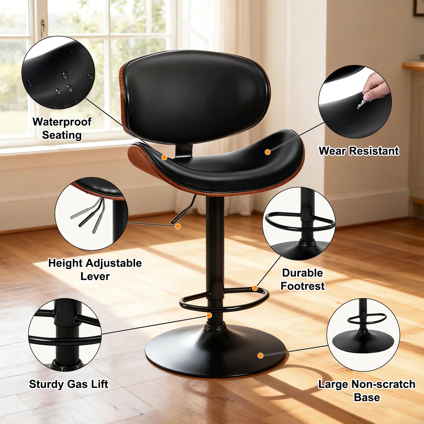 MCQ Swivel Ergonomic Office Chair Set of 2 Adjustable Counter Height Bentwood PU Leather Upholstery Chair with Back and Footrest