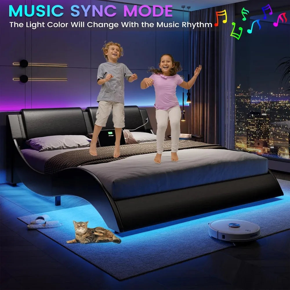 Modern Upholstered Queen Platform Bed Frame,Headboard with LED Lights & Charging Ports,Bedroom Furniture,Faux Leather, Custom
