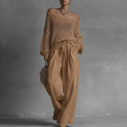 Off Shoulder Hollow Knit Womens 2 Piece Set Long Sleeve High Waist Wide Leg Pants Outfit Casual Loose Summer Beach Vacation Suit