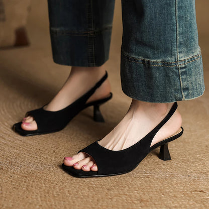 2026 New Summer Women Sandals Kid Suede Leather Women Shoes Peep Toe Chunky Heel Concise Sandals High Heel Ladies Shoes
